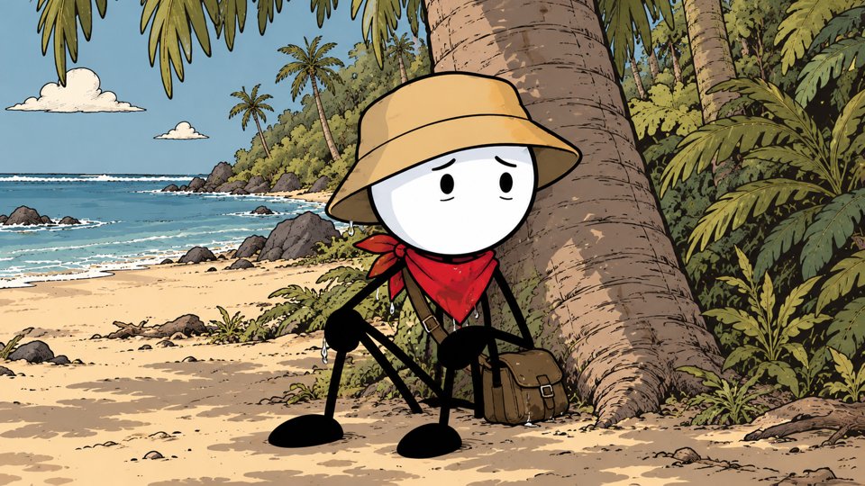 Bucky stands alone on an empty beach.