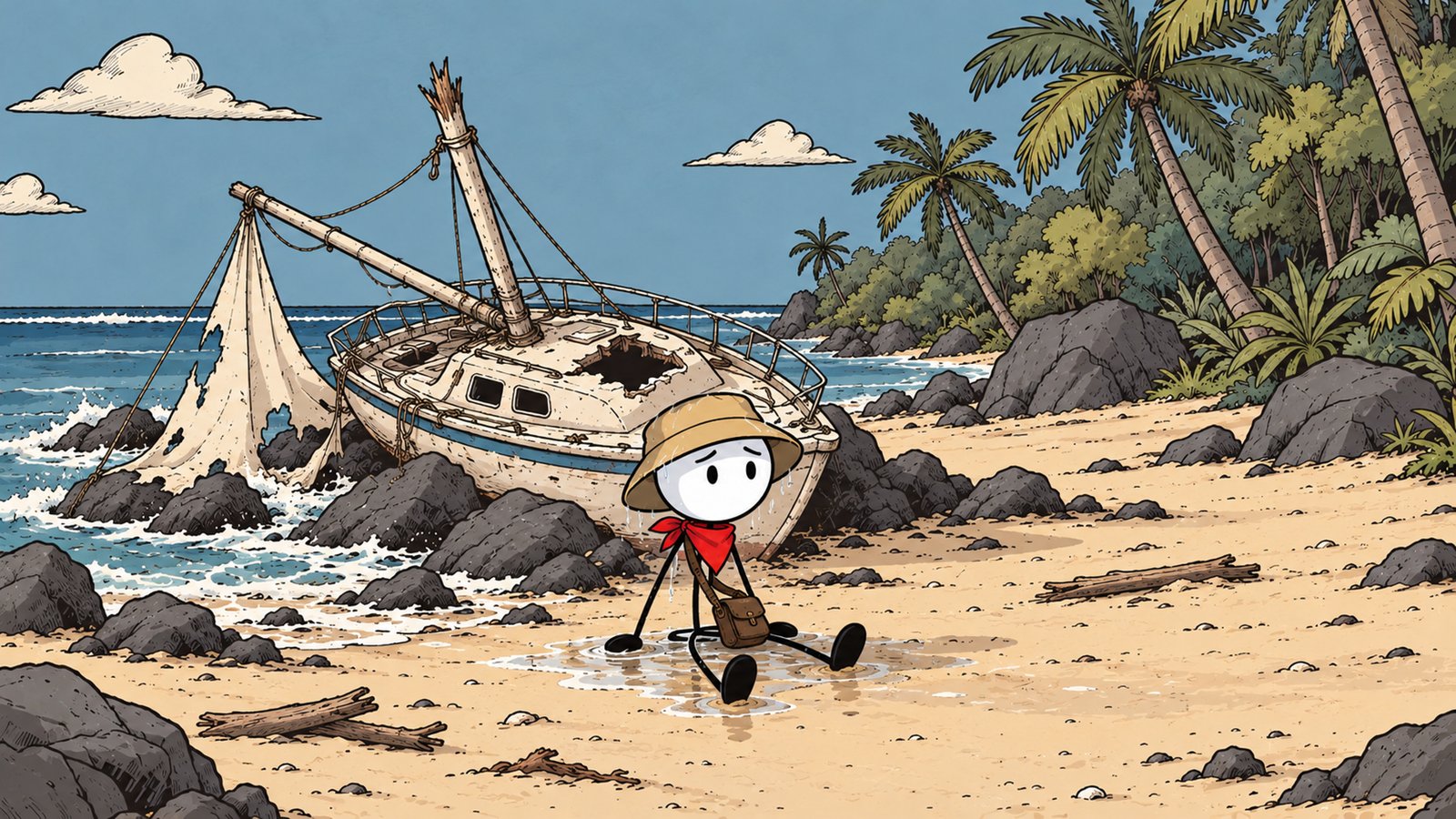 Bucky sits on the sand beside his wrecked sailing boat.